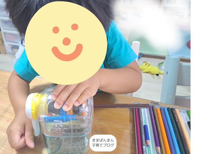 ソニックの鉛筆削りトガリターンEK-4297-Tで3歳息子が削っている様子。